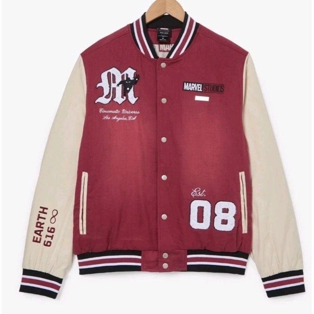 NEW Exclusive Marvel Studios Denim Varsity Jacket Mens 2XLarge Embroidered‎